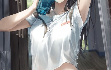 Anime Girls, Short Shorts, Drink, Belly Button, Blue Eyes Wallpaper