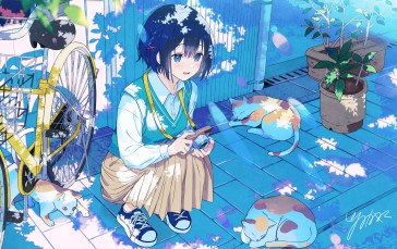 Anime, Anime Girls, Squatting, Cats Wallpaper