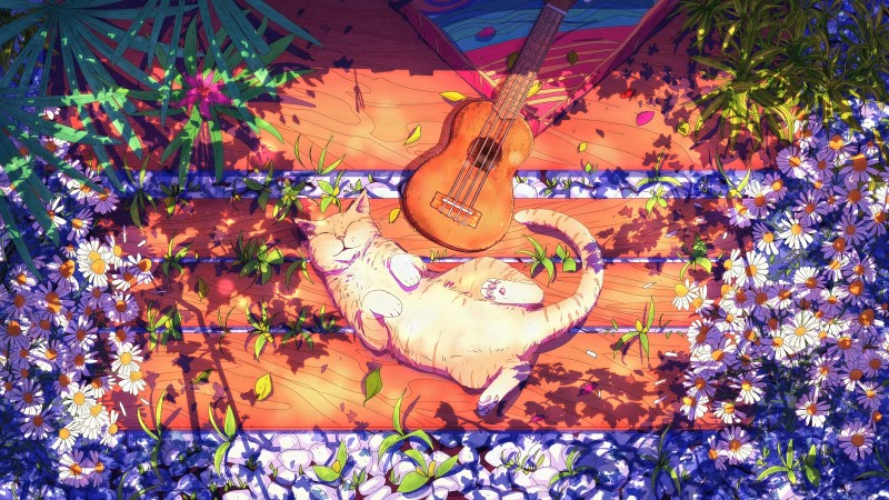 Digital Art, ArtStation, Ukulele, Flowers, Musical Instrument, Leaves Wallpaper