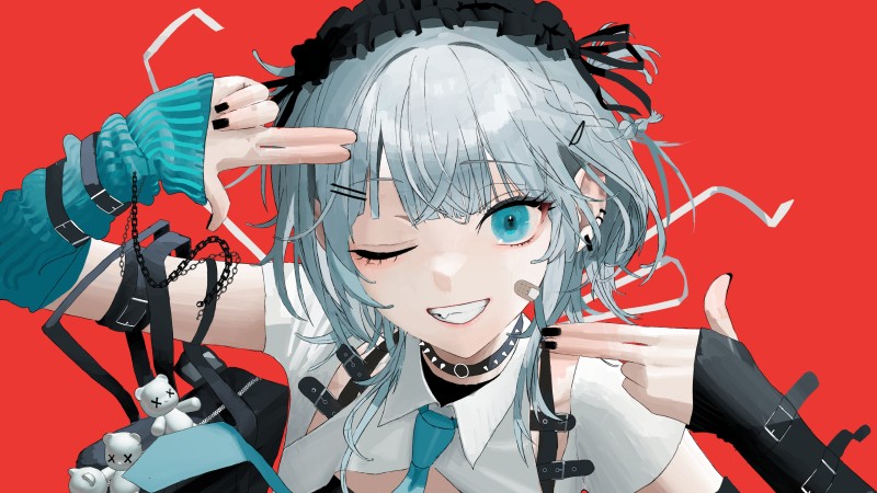 Anime, Anime Girls, One Eye Closed, Blue Eyes, Silver Hair, Finger Gun Wallpaper