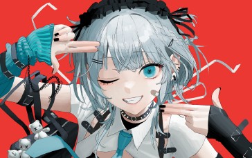Anime, Anime Girls, One Eye Closed, Blue Eyes, Silver Hair, Finger Gun Wallpaper