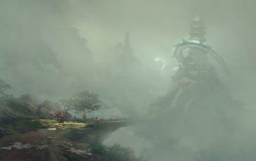 Pagoda, Shrine, Dragon, Mountains, Artwork Wallpaper