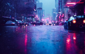 Cyberpunk, Street, Rain, Sports Car Wallpaper