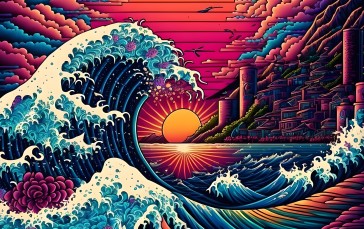 The Great Wave off Kanagawa, 4K, Waves, Sunset, AI Art Wallpaper