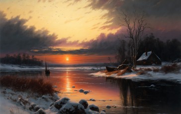 AI Art, Landscape, Sunset, River, Snow, Painting Wallpaper