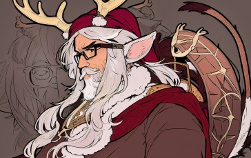 Santa Claus, Antlers, Beard, Long Hair, White Hair, Animal Ears Wallpaper