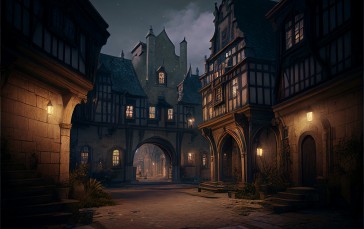 AI Art, Town Square, Fantasy Architecture, Middle Ages, Town Wallpaper