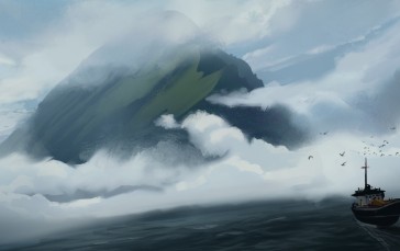 Mist, Ship, Birds, Sea, Artwork Wallpaper