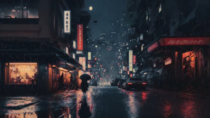 Night, Rain, Cyberpunk, Digital Art, AI Art Wallpaper