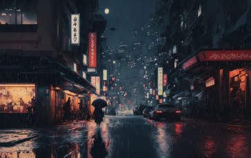 Night, Rain, Cyberpunk, Digital Art, AI Art Wallpaper