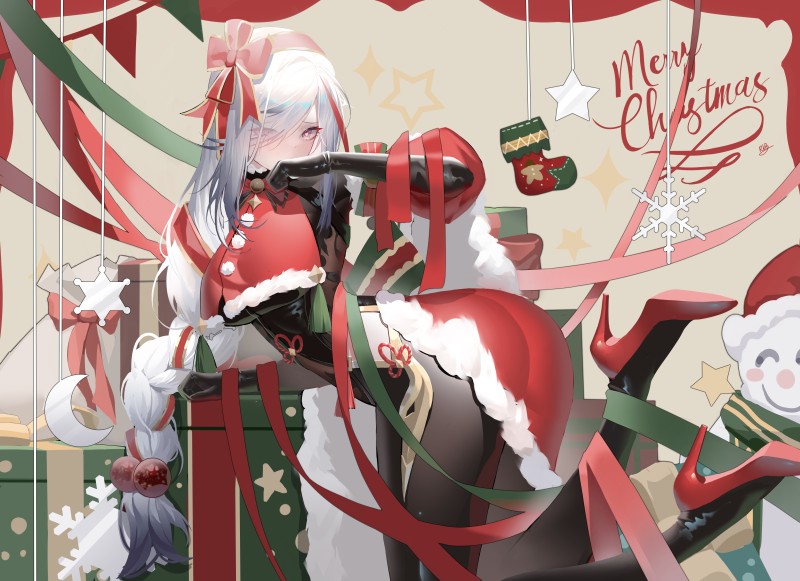 Shenhe (Genshin Impact), Genshin Impact, Anime Girls, Christmas Clothes, Christmas Presents Wallpaper