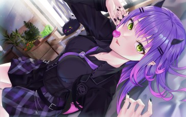 Anime, Anime Girls, Purple Hair, Lollipop, Green Eyes, Pointy Ears Wallpaper