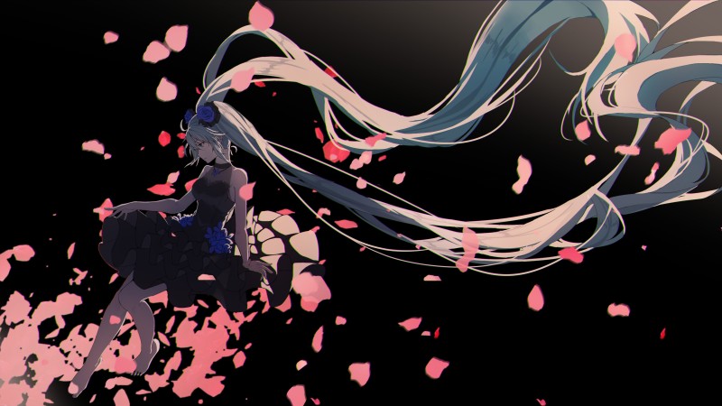 Anime, Anime Girls, Twintails, Blue Hair, Blue Eyes, Petals Wallpaper