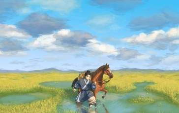 Anime Boys, Horse, Grass, Wet Wallpaper