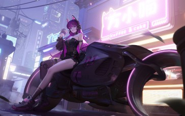 Big Orange AD, Anime Girls, Cyberpunk, Science Fiction, Motorcycle, Purple Hair Wallpaper