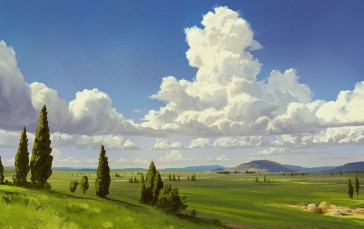Clouds, Trees, Painting, Plains Wallpaper