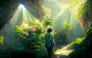 Plants, Cave, Flowers, Sun Rays, Artwork Wallpaper