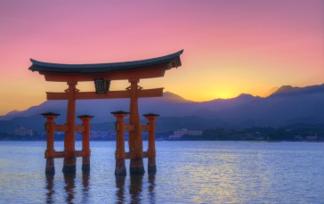Itsukushima Gate, Building, Water, Mountains, Torii Wallpaper