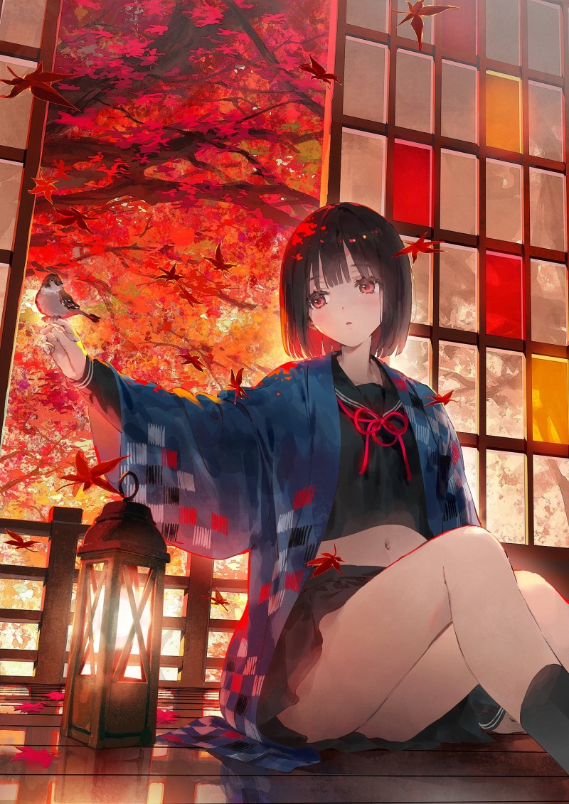 Anime Girls, Artwork, Leaves, Belly Wallpaper