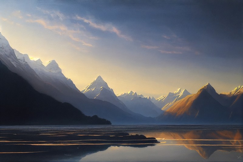 AI Art, Landscape, Mountains, Oil Painting, Lake, Water Wallpaper