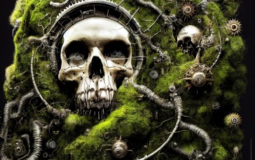 AI Art, Skull, Moss, Steampunk Wallpaper