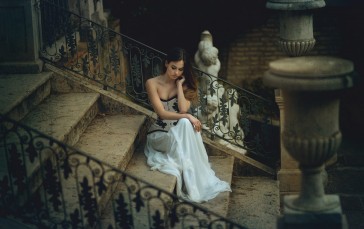 Women, Model, White Dress, Stairs Wallpaper