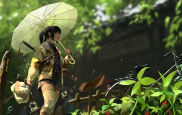 Artwork, Rain, Umbrella, Sword, Water Drops Wallpaper