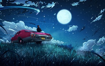 Car, Moonlight, Artwork, Moon Wallpaper
