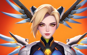 Mercy (Overwatch), Orange Background, Simple Background, Blonde, Wings Wallpaper