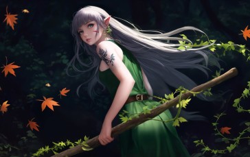 Forest, Elven, Green Dress, Leaves Wallpaper