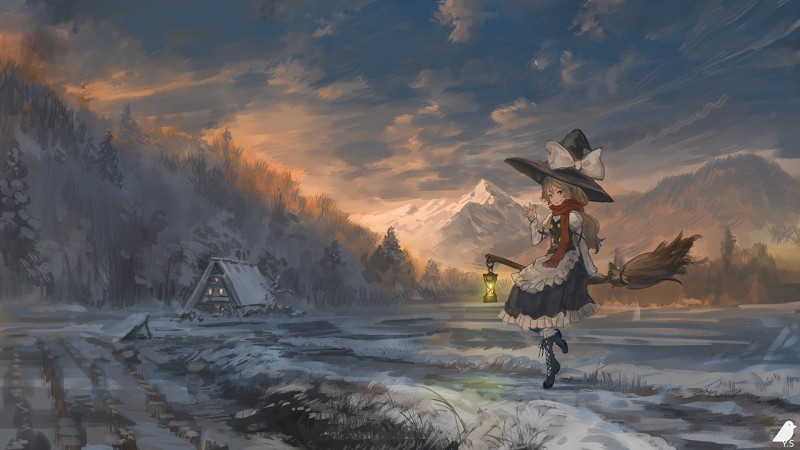 Anime, Anime Girls, Touhou, Witch Hat, Broom, Snow Wallpaper