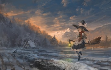 Anime, Anime Girls, Touhou, Witch Hat, Broom, Snow Wallpaper