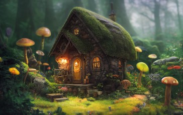 Forest, Cottage, Mushroom, Moss, Illustration, Fantasy Art Wallpaper