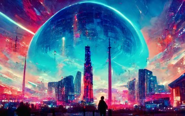 Colorful, Neon, City, Cyberpunk, Dome, AI Art Wallpaper