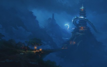 Pagoda, Shrine, Dragon, Mountains Wallpaper