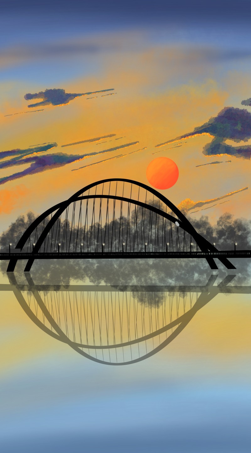 Bridge, Sunset, Clouds, Water, Reflection Wallpaper