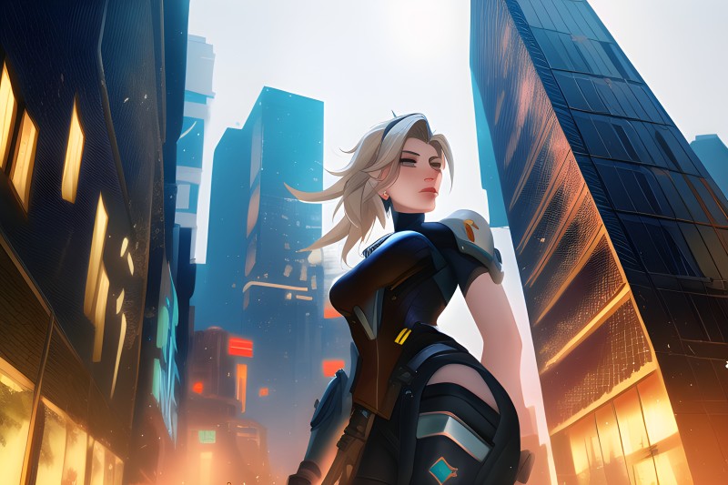 Mercy (Overwatch), Cyberpunk, City, Skyscraper, Blonde, Black Suit Wallpaper