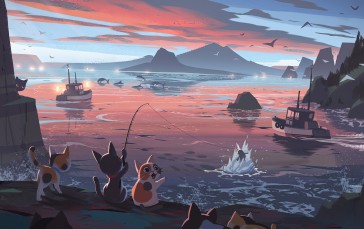 Cats, Fishing, Coast, Dolphin Wallpaper