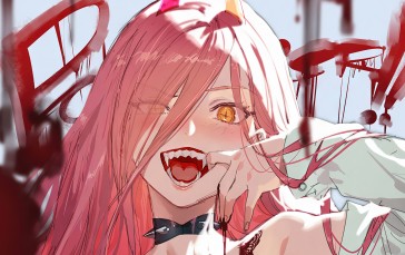 Pink Hair, Blood, Finger in Mouth, Anime Girls, Power (Chainsaw Man) Wallpaper