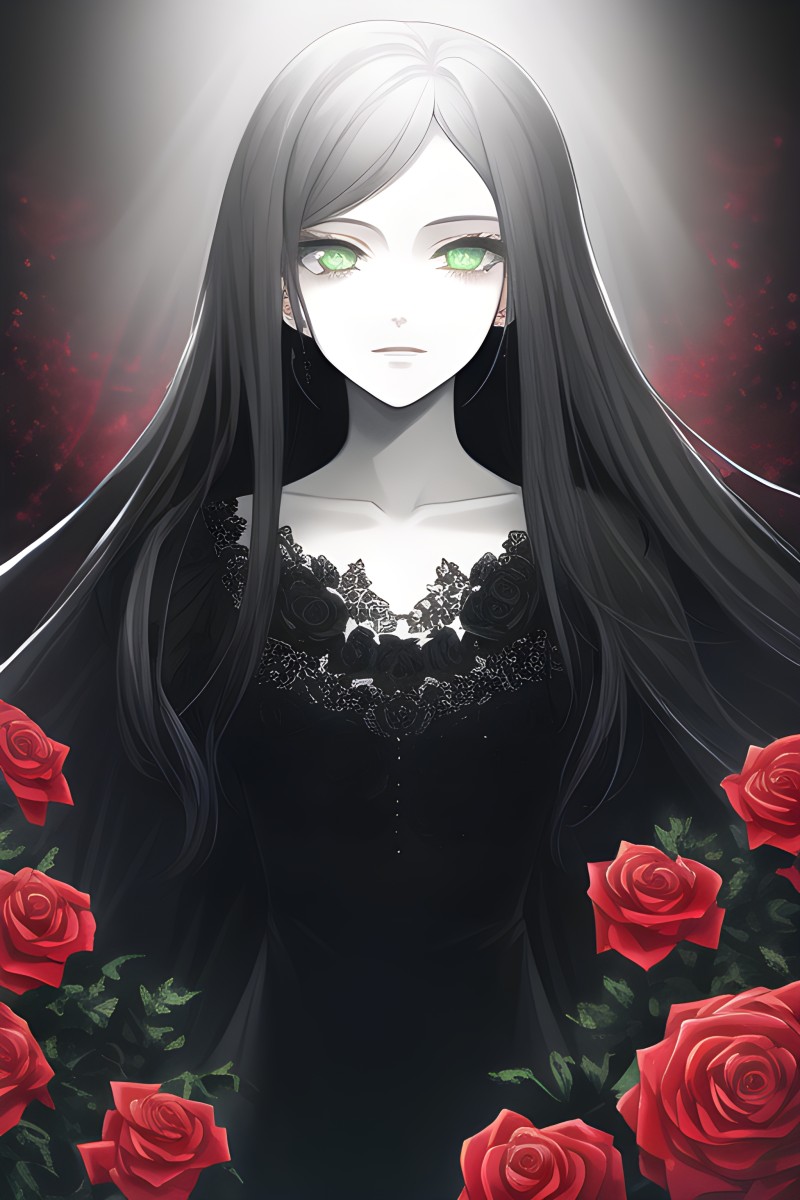Black Hair, AI Art, Long Hair, Flowers Wallpaper