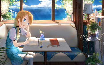 Anime Girl, Blonde, Cafe, Couch Wallpaper