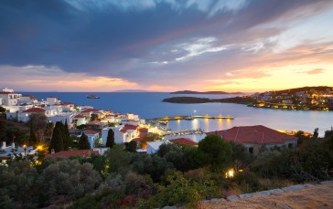Andros Island, Greece, Town, Sea, Water, Sunset Glow Wallpaper