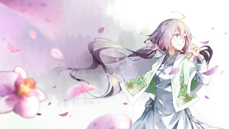 Anime Girl, Smiling, Pink Hair, Flowers, Wind, Looking Away Wallpaper