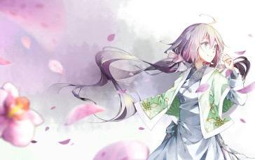 Anime Girl, Smiling, Pink Hair, Flowers, Wind, Looking Away Wallpaper