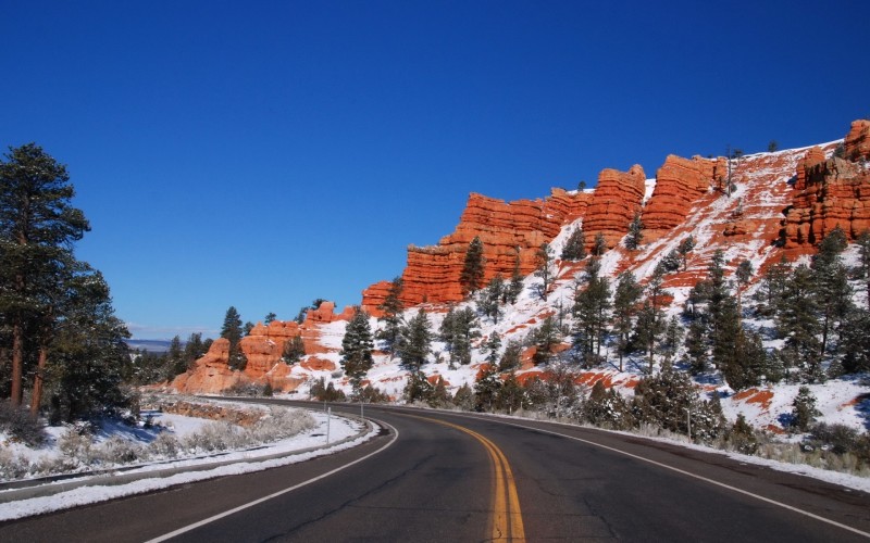 Road, Rocks, Snow, Trees Wallpaper