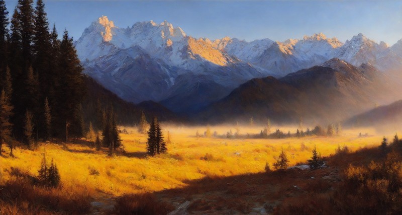 AI Art, Landscape, Golden Hour, Mountains Wallpaper