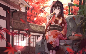 Takoyaki, Anime Girl, Kimono, Autumn, Japanese House Wallpaper