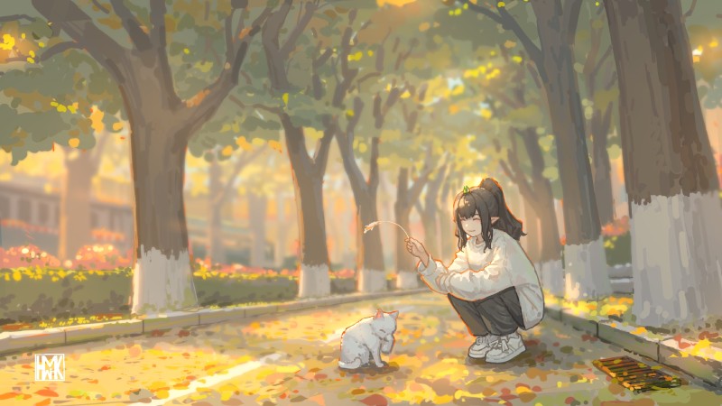Cats, Trees, Fallen Leaves, Schoolgirl Wallpaper