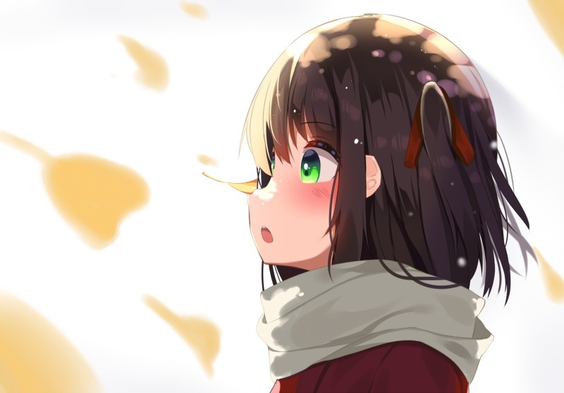 Anime Girl, Scarf, Brown Hair, Profile View Wallpaper