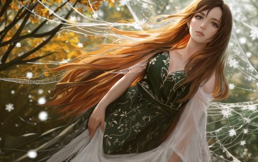 Green, Spiderwebs, Long Hair, Brunette, Trees Wallpaper